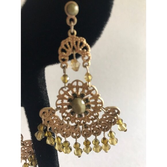 Vintage Gold Tone Filigree Pierced Wire Chandelier Dangle Earrings Chartreuses - Picture 5 of 10